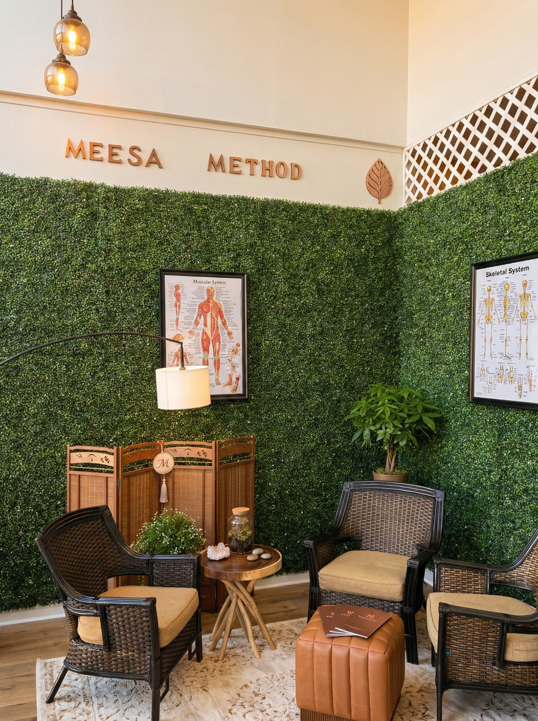 Meesa Method welcoming treatment space with greenery wall and comfortable seating